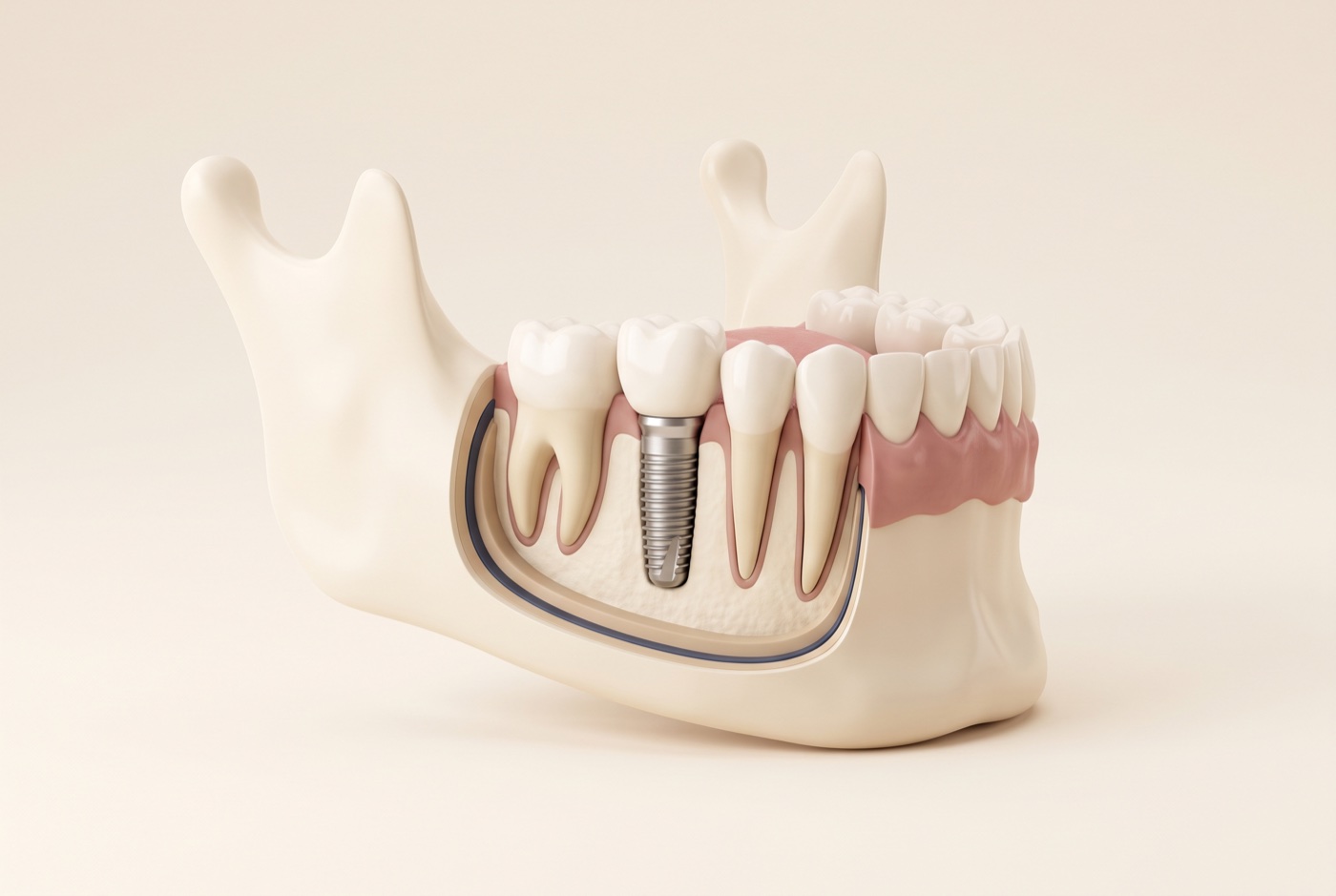 Grafik: Aufbau eines Zahnimplantats im Kieferknochen mit Implantatkörper, Aufbau und Krone